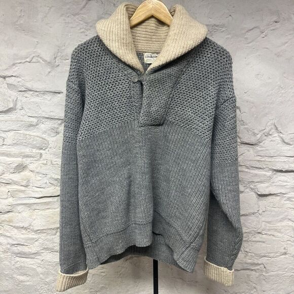 Vintage 70s 80s Shawl Collar Sweater Acrylic Thick Knit Boho Gray Collageman - Picture 1 of 11